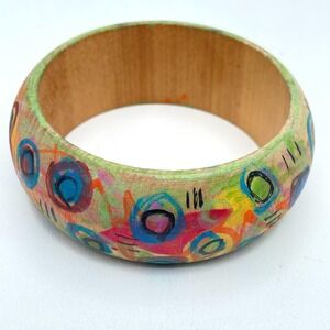 Boho-Chic Hand-Painted Tan Abstract Expressionist Wooden Chunky Bangle Bracelet